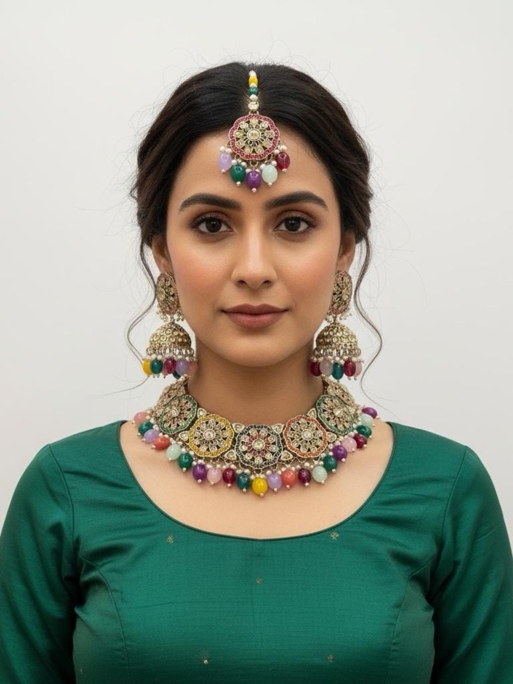 Multicolor Kundan Choker Necklace and Earrings Set - Women Jewelry